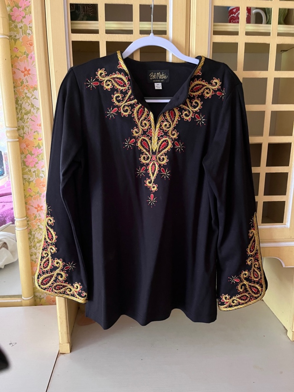 Bob Mackie Black Tunic with Gold and Red Embroidery M